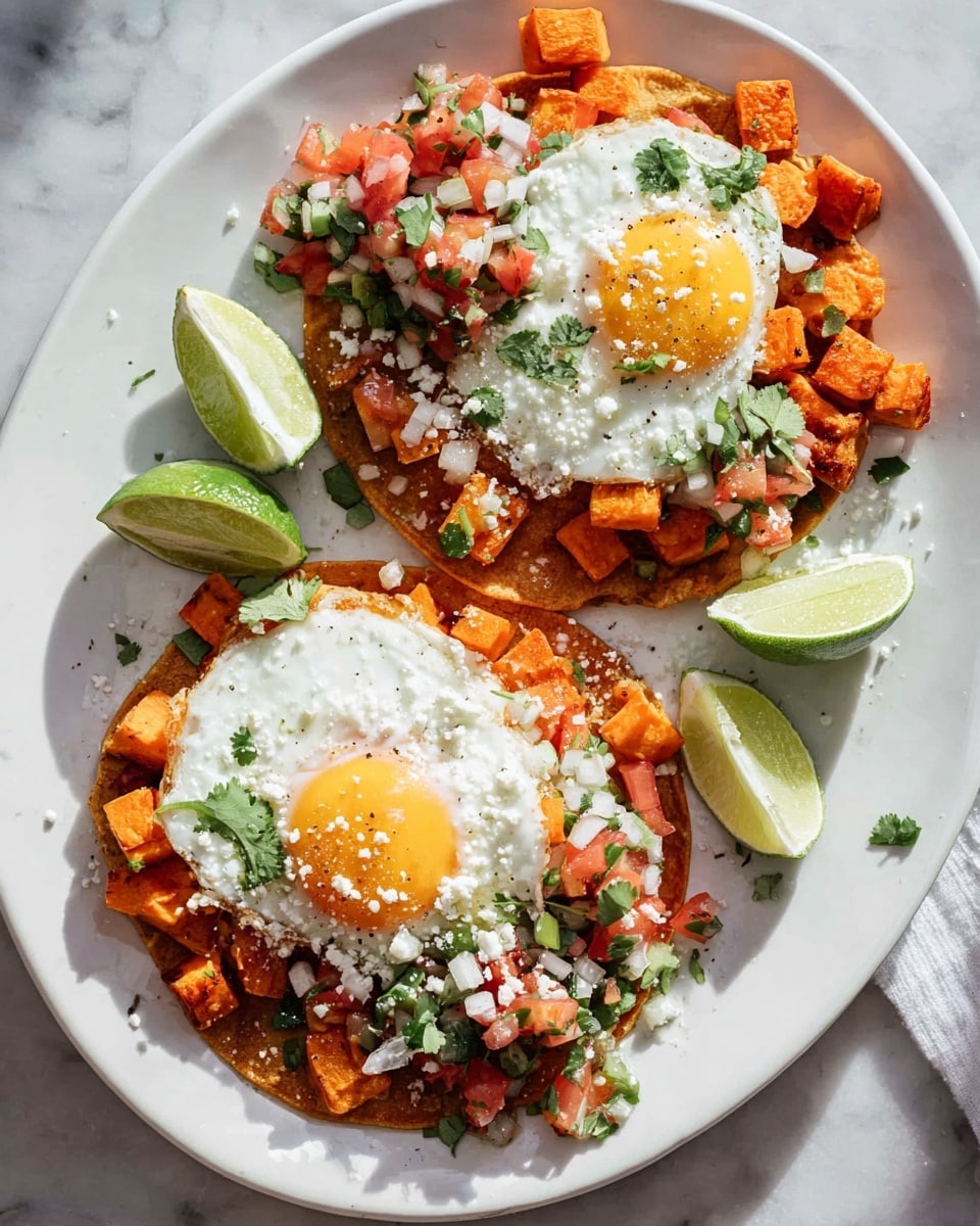 Two large white plates each fully loaded with traditional Mexican huevos rancheros, featuring whole crispy corn tortillas topped with seasoned roasted sweet potato cubes, freshly made pico de gallo with diced tomatoes, jalapeños, onions, and cilantro, and perfectly cooked sunny-side-up eggs sprinkled with crumbly queso fresco and freshly ground black pepper, accompanied by several lime wedges on the side, arranged beautifully on a white marble countertop with natural lighting, professional food styling photo taken with an iphone --ar 4:5 --v 7