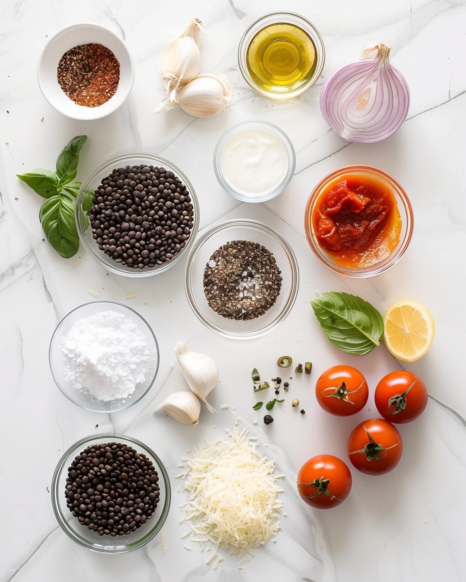 Single white bowl filled with a creamy and rich lentil curry, showcasing a vibrant orange-tinted sauce speckled with black lentils and pieces of sun-dried tomatoes, garnished with fresh basil leaves and a swirl of cream on top, a lemon wedge resting on the side of the bowl, close-up intimate angled shot revealing the chunky, textured interior of the curry, placed on a white marble surface with natural lighting, styled as a ready-to-eat single serving from a food blog, photo taken with an iphone --ar 4:5 --v 7