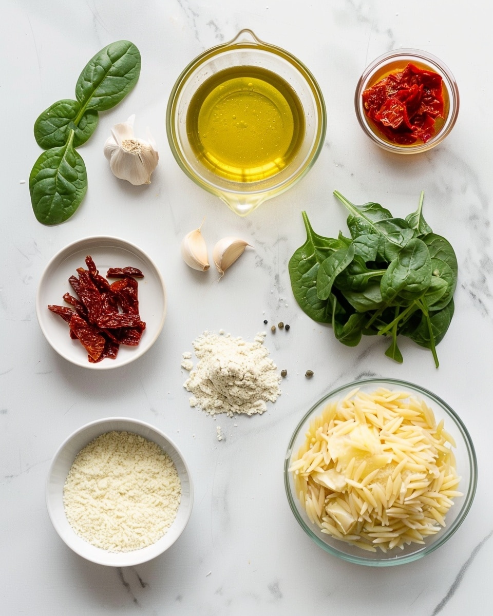 Single white bowl with one serving of herbed orzo pasta, showing tender pieces of sautéed mushrooms, sun-dried tomatoes, fresh spinach leaves, and capers, close-up angle highlighting the glossy, seasoned orzo grains and vibrant greenery, garnished with fresh oregano sprigs, placed on white marble surface, natural lighting illuminating the textures, intimate plated serving photo taken with an iphone --ar 4:5 --v 7