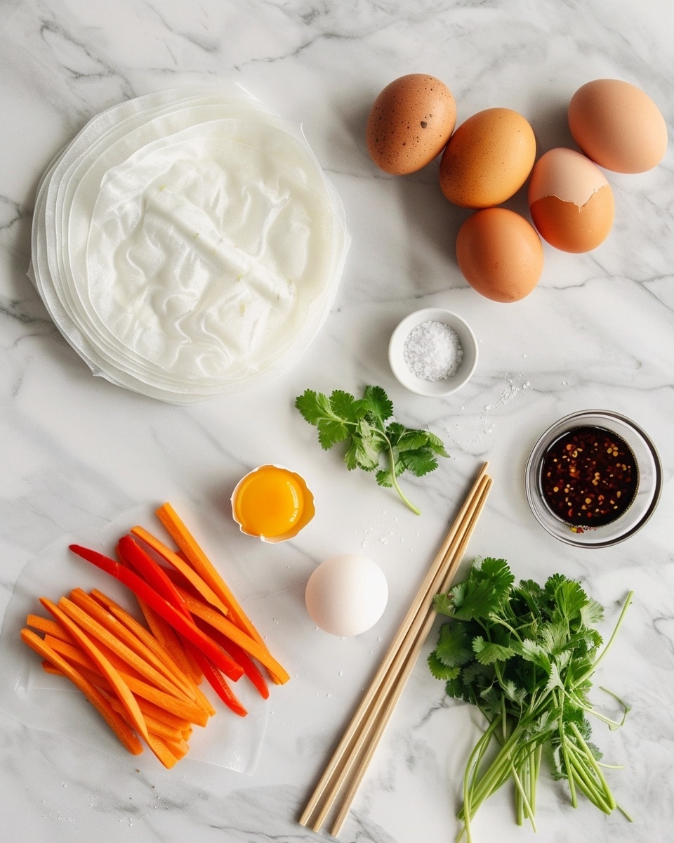 Single white plate with one neatly sliced portion of pan-fried rice paper roll revealing layers of bright yellow scrambled eggs, fresh green vegetables, and translucent rice paper wrapper with a crispy golden-brown sear on top, garnished with fresh green herbs on the side, close-up angled shot emphasizing the soft yet slightly crispy textures and vibrant colors, placed on white marble surface, natural lighting, styled as an intimate plated serving photo taken with an iphone --ar 4:5 --v 7