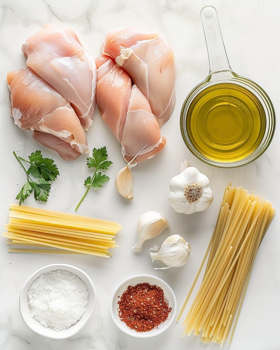 Single white plate featuring a plated portion of creamy fettuccine pasta coated in a rich, herb-speckled sauce with finely chopped garlic and parsley visible, topped with three golden-brown seared chicken tenders garnished with fresh chopped parsley, close-up angled shot highlighting the tender chicken crust and the luscious texture of the saucy pasta twirled elegantly, natural lighting on a white marble surface, styled as a delicious individual serving from a food blog, photo taken with an iphone --ar 4:5 --v 7