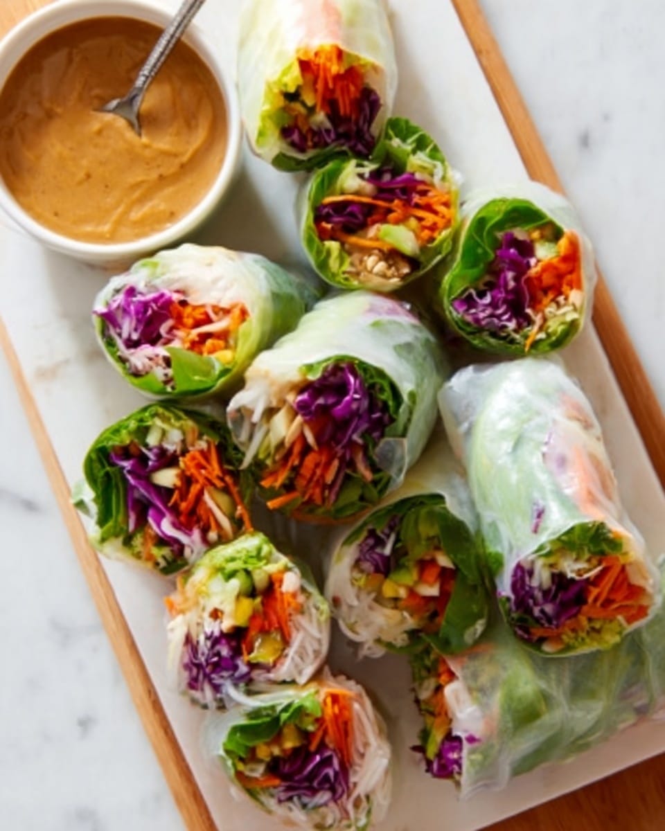 A large white rectangular serving platter filled with multiple whole Vietnamese spring rolls tightly wrapped in translucent rice paper, showcasing vibrant fillings of fresh green lettuce, julienned carrots, purple cabbage, and aromatic herbs, served alongside a creamy peanut dipping sauce in a small white bowl, all arranged neatly on a white marble countertop with natural lighting, styled as a professional food magazine hero shot, photo taken with an iphone --ar 4:5 --v 7