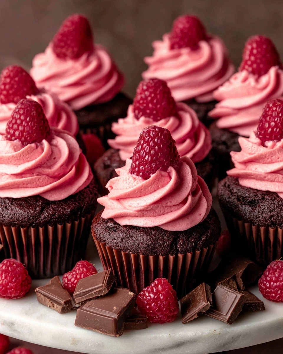 A full batch of chocolate cupcakes arranged closely together on a white serving platter, each cupcake topped with a generous swirl of vibrant raspberry pink frosting and crowned with a fresh, plump raspberry. The rich dark chocolate base contrasts beautifully with the bright frosting, garnished further with scattered fresh raspberries and chunks of dark chocolate around the platter. The entire presentation is styled on a white marble countertop, captured in natural lighting from a professional 3/4 angle shot, showcasing the whole complete collection as a hero food magazine shot, photo taken with an iphone --ar 4:5 --v 7