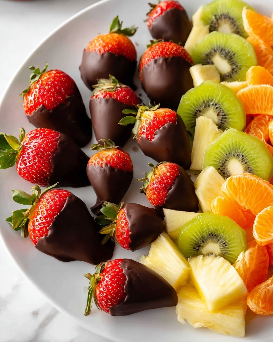 Large white platter filled with an assortment of fresh fruits including whole strawberries, thick kiwi slices, pineapple chunks, and orange segments, all evenly dipped halfway in smooth dark chocolate, arranged neatly to showcase the vibrant colors and glossy coating, shot from a 3/4 angle with natural lighting on a white marble background, professional food magazine style hero shot, photo taken with an iphone --ar 4:5 --v 7