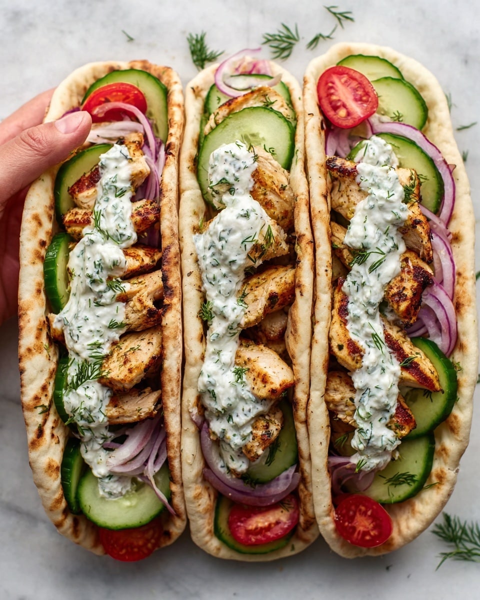 Three flat pita breads are placed side by side on a white marbled surface, each filled with several layers. The base layer inside each pita is green cucumber slices, round and fresh-looking, topped with thin slices of purple onion. On top of the vegetables, there are pieces of grilled chicken with a golden brown color and slight char marks, giving a textured look. A thick dollop of creamy white sauce with green herbs is spread over the chicken on each pita. Small red cherry tomato halves are tucked alongside the cucumber and chicken inside the pitas. A woman's hand is holding the left pita slightly, showing the stack clearly. Photo taken with an iphone --ar 4:5 --v 7