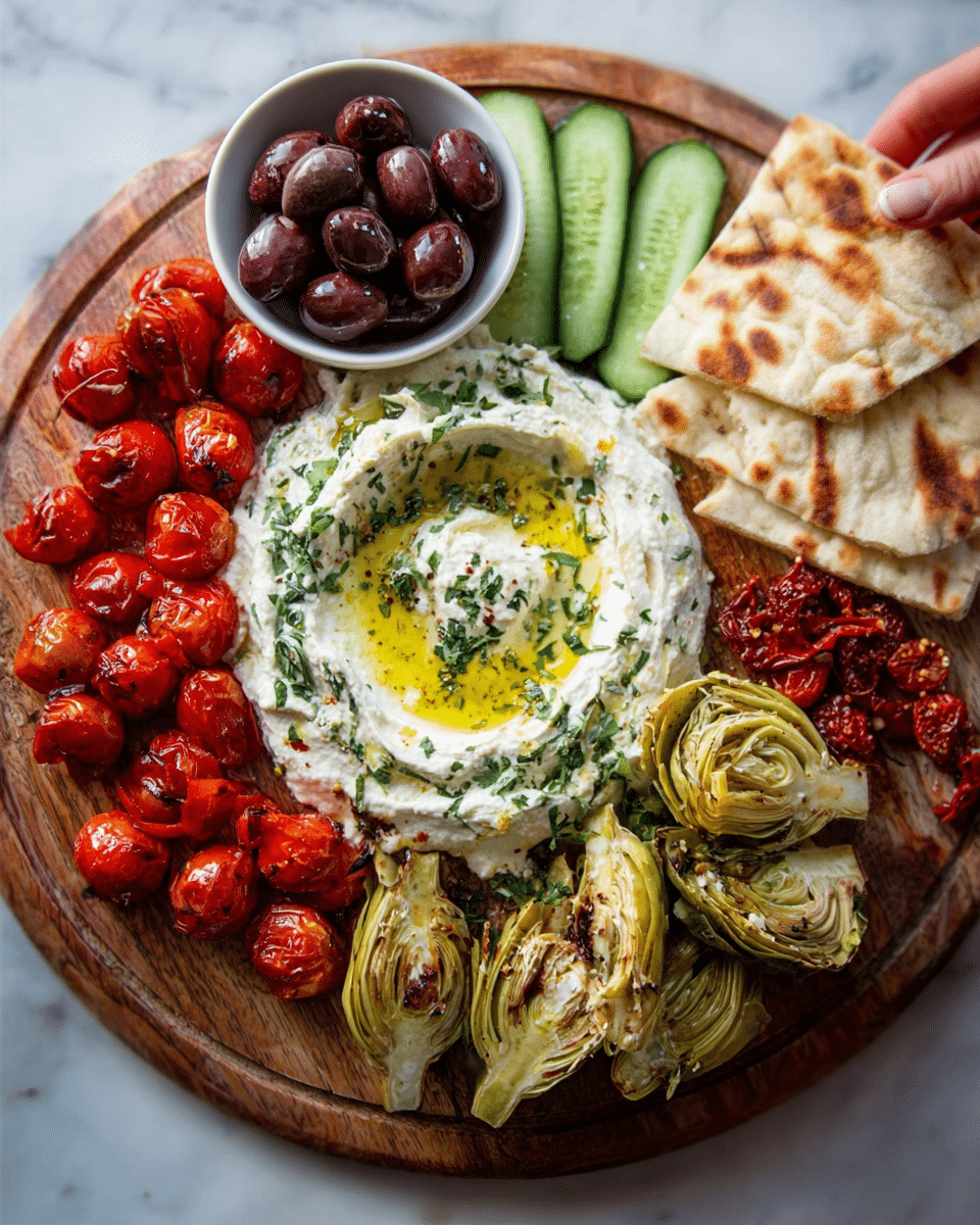 The dish is served on a round wooden board placed on a white marbled surface, featuring several vibrant layers. At the center, there is a ring of creamy white dip topped with green herbs and a drizzle of olive oil. Surrounding this dip are bright red roasted cherry tomatoes and slices of fresh green cucumber arranged neatly in a row. To one side, folded pieces of light tan flatbread with slight golden brown spots are stacked, with a small white bowl filled with dark purple olives sitting on top of the flatbread. There are also roasted green artichoke halves with charred edges and some scattered dried red tomatoes adding texture and color contrast. The whole presentation is colorful and fresh, with a woman’s hand reaching toward the board. Photo taken with an iphone --ar 4:5 --v 7