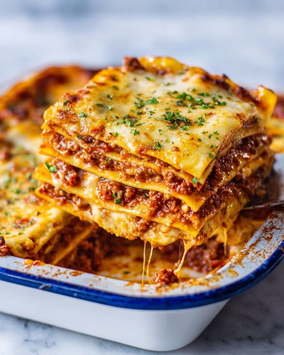 A close-up image of a thick square slice of lasagna placed in a white ceramic baking dish with a blue rim. The lasagna has several clear layers: a bottom layer of flat yellow pasta, followed by a rich reddish-brown meat sauce with small bits of ground meat, then another pasta layer, topped with a creamy, melted pale yellow cheese layer lightly browned and sprinkled with small green herbs. The texture shows gooey melted cheese stretching slightly as the piece is lifted, with steam rising gently. The background is a smooth white marbled surface. photo taken with an iphone --ar 4:5 --v 7