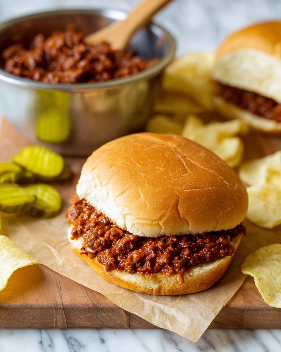 A sloppy joe sandwich sits on a piece of parchment paper over a wooden surface, showing two layers: a soft, golden-brown bun on top and bottom with a thick middle layer of richly textured, dark reddish-brown sloppy joe filling made of small chunks and sauce. To the left of the sandwich, there are bright green pickle spears and light yellow potato chips scattered around, while in the background on the right edge, part of an open bun is visible. Above the sandwich, a silver metal bowl filled with the same sloppy joe mix and a wooden spoon rests on the white marbled surface. Photo taken with an iphone --ar 4:5 --v 7