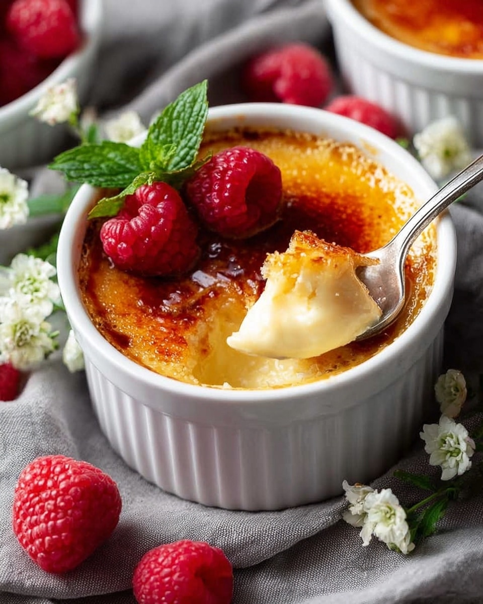 A white ramekin filled with a dessert showing three layers: a top shiny golden caramel layer with some parts cracked, a creamy pale yellow custard layer beneath partially scooped by a silver spoon revealing smooth texture, and a fresh red raspberry with a small green mint leaf placed on top near the edge. The ramekin sits on a grey cloth surrounded by scattered raspberries and small white flowers. Photo taken with an iphone --ar 4:5 --v 7