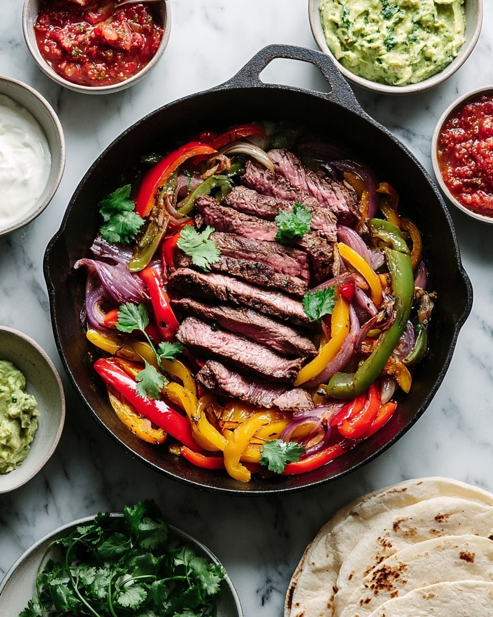 The dish is served on a large white oval plate with two main layers: the bottom layer is colorful grilled bell peppers and red onion slices in red, yellow, and green shades with a lightly charred texture; the top layer consists of sliced medium-rare steak pieces with a browned edge and a pink center, sprinkled with fresh green cilantro leaves. Three lime wedges are placed on the right and left edges of the plate. The plate is set on a white marbled surface with small bowls around containing salsa, sour cream, and guacamole, and a stack of grilled white tortillas is placed on the bottom right. A vintage metal fork leans on the left side of the plate. photo taken with an iphone --ar 4:5 --v 7