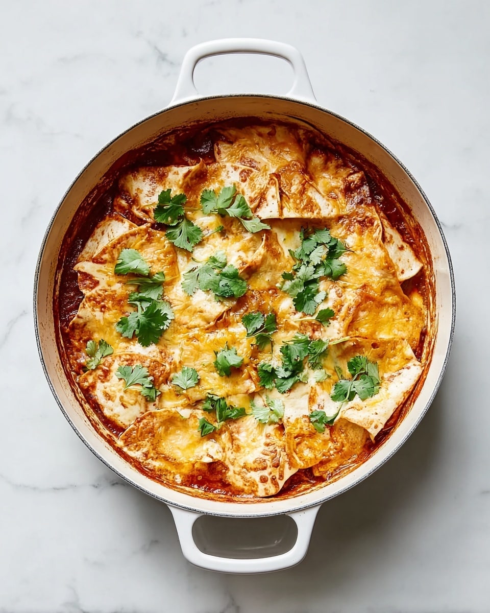A white pan with two handles holds a layered dish, starting with a deep red sauce at the bottom. On top of the sauce, there are folded soft corn tortillas with a slightly wrinkled texture and golden-brown spots. Next is a layer of melted cheese that is light yellow and creamy, covering the tortillas unevenly. Scattered fresh green cilantro leaves sit on top, adding bright color and freshness. The whole dish rests on a white marbled surface. photo taken with an iphone --ar 4:5 --v 7