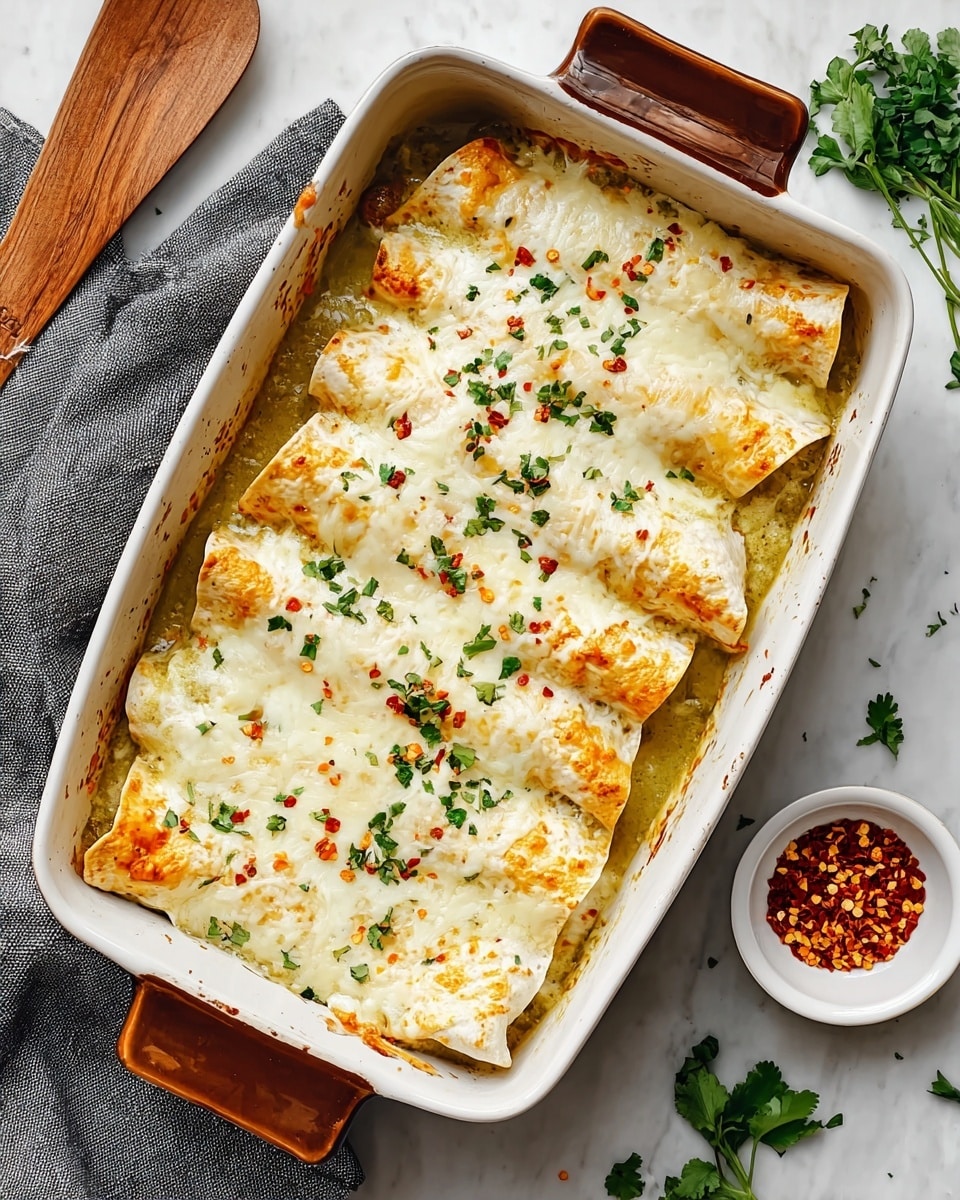 Two rolled enchiladas lie side by side in a white rectangular baking dish with a dark red handle, resting on a white marbled surface. Each enchilada is covered with a thick layer of melted white cheese, slightly browned on the edges, sprinkled with small bits of green herbs and red chili flakes. The enchiladas sit in a pool of green sauce that has a shiny, oily texture. The edges of the tortillas are visible under the cheese, showing a soft, cooked texture. Photo taken with an iphone --ar 4:5 --v 7