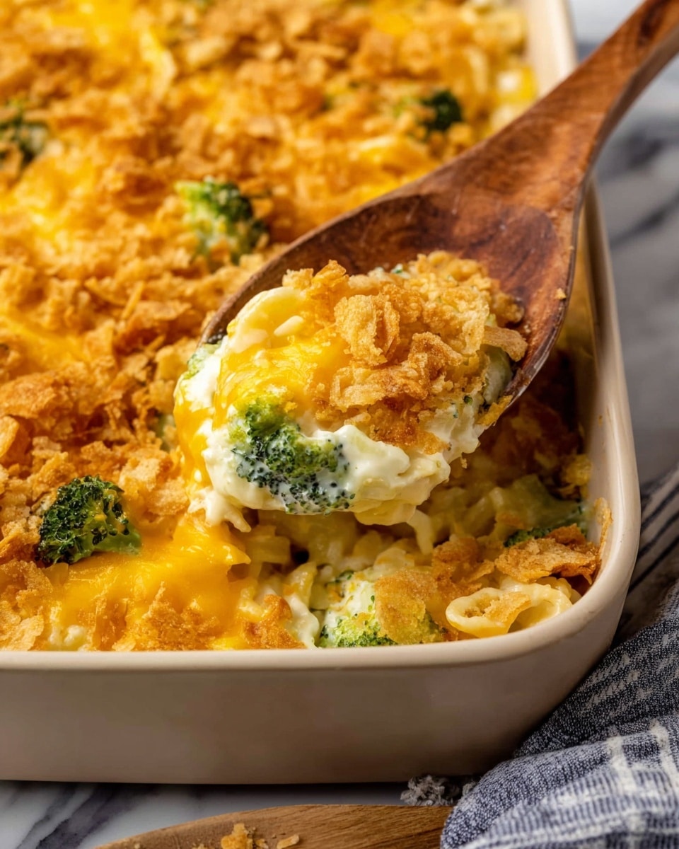 A beige baking dish filled with a creamy casserole that shows three main layers: the bottom layer is a soft, cheesy white mix; the middle layer has green broccoli pieces scattered throughout; and the top layer has melted orange-yellow cheese mixed with crunchy, golden brown crumbs spread unevenly, giving a textured appearance. A woman's hand holds a wooden spoon scooping some casserole out, showing the creamy and chunky inside with broccoli and melted cheese. Next to the dish, a white plate sits on a piece of brown burlap on a white marbled surface, with a serving of the casserole piled on it, showing the same colorful mix of cheese and broccoli. photo taken with an iphone --ar 4:5 --v 7