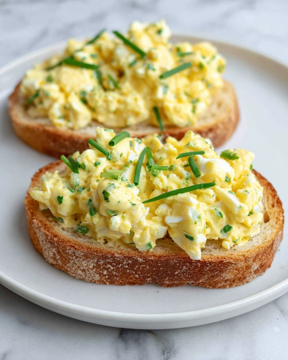 The image shows two slices of toasted bread placed on a white plate with a white marbled surface underneath. Each slice is topped with a thick layer of creamy, pale yellow egg salad mixed with small bits of green herbs. The egg salad looks soft with a slightly chunky texture and is sprinkled with thin green chive pieces on top, giving a fresh contrast in color. The bread has a golden-brown crust and a light, airy interior visible around the edges. Photo taken with an iphone --ar 4:5 --v 7