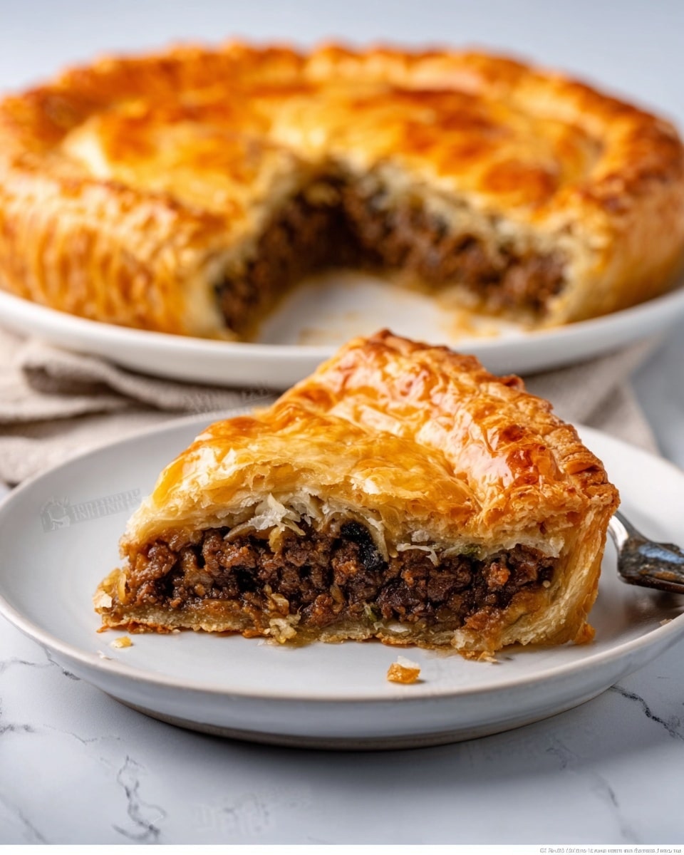 The image shows a golden brown pie with a flaky crust, placed on a white marbled surface. One slice is served on a white plate in the front, revealing a thick, dark brown meat filling with a moist texture inside. The pie crust on top is shiny and slightly cracked, showing its crispy layers. The slice on the plate is thick and sits flat, with visible layers of crust on the edge and a dense filling. The whole pie behind has a smooth, rounded top crust with an even golden color. Photo taken with an iphone --ar 4:5 --v 7