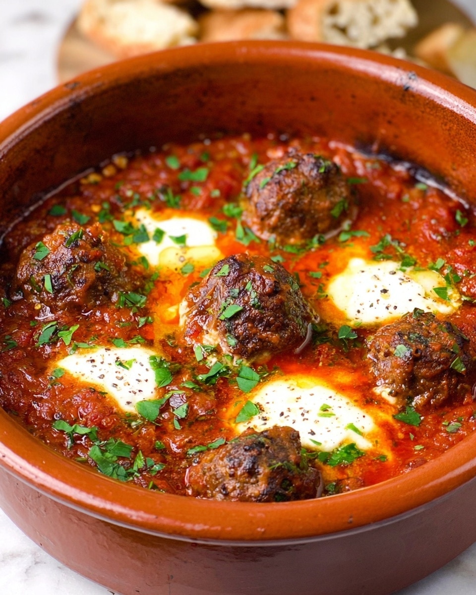 A round clay pot holds a rich, thick red tomato sauce filled with many dark brown meatballs spread across the surface. There are three white dollops of soft, melted cheese in the sauce, each topped with small black pepper specks and sprinkled with fresh green herbs. The sauce looks glossy with a slightly oily shine on top. In the background, a white marbled surface supports the pot with some bread pieces blurred softly behind it. The overall look is warm and hearty. photo taken with an iphone --ar 4:5 --v 7