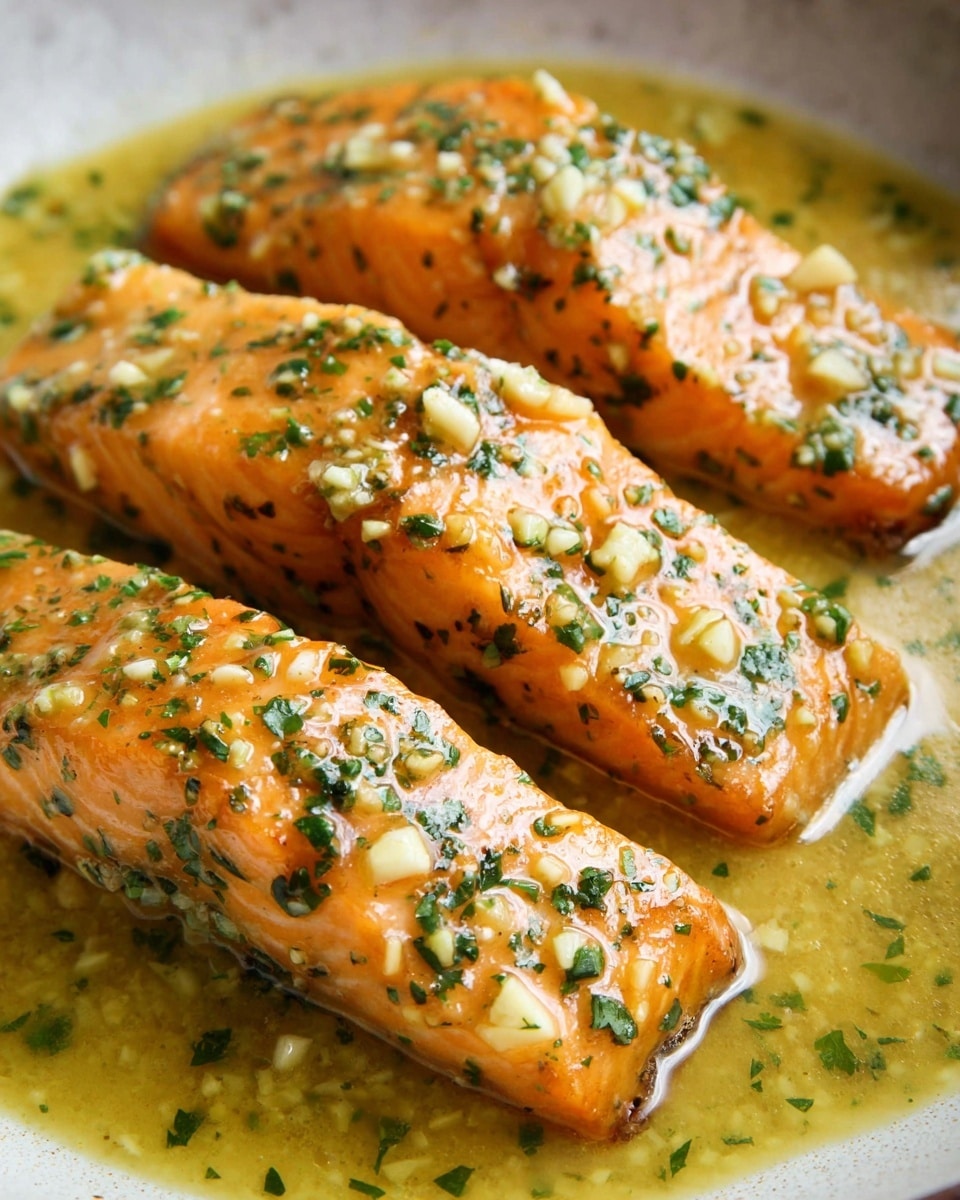Four pieces of cooked salmon fillets are shown close up, sitting in a light greenish-yellow sauce. The salmon is a warm orange color with small white bits of garlic and sprinkled green herbs on top. The outside of the fish looks soft and moist with a slight shine from the sauce. The sauce is smooth with small visible herbs mixed in, pooling around the salmon. The background is a white marbled texture. photo taken with an iphone --ar 4:5 --v 7
