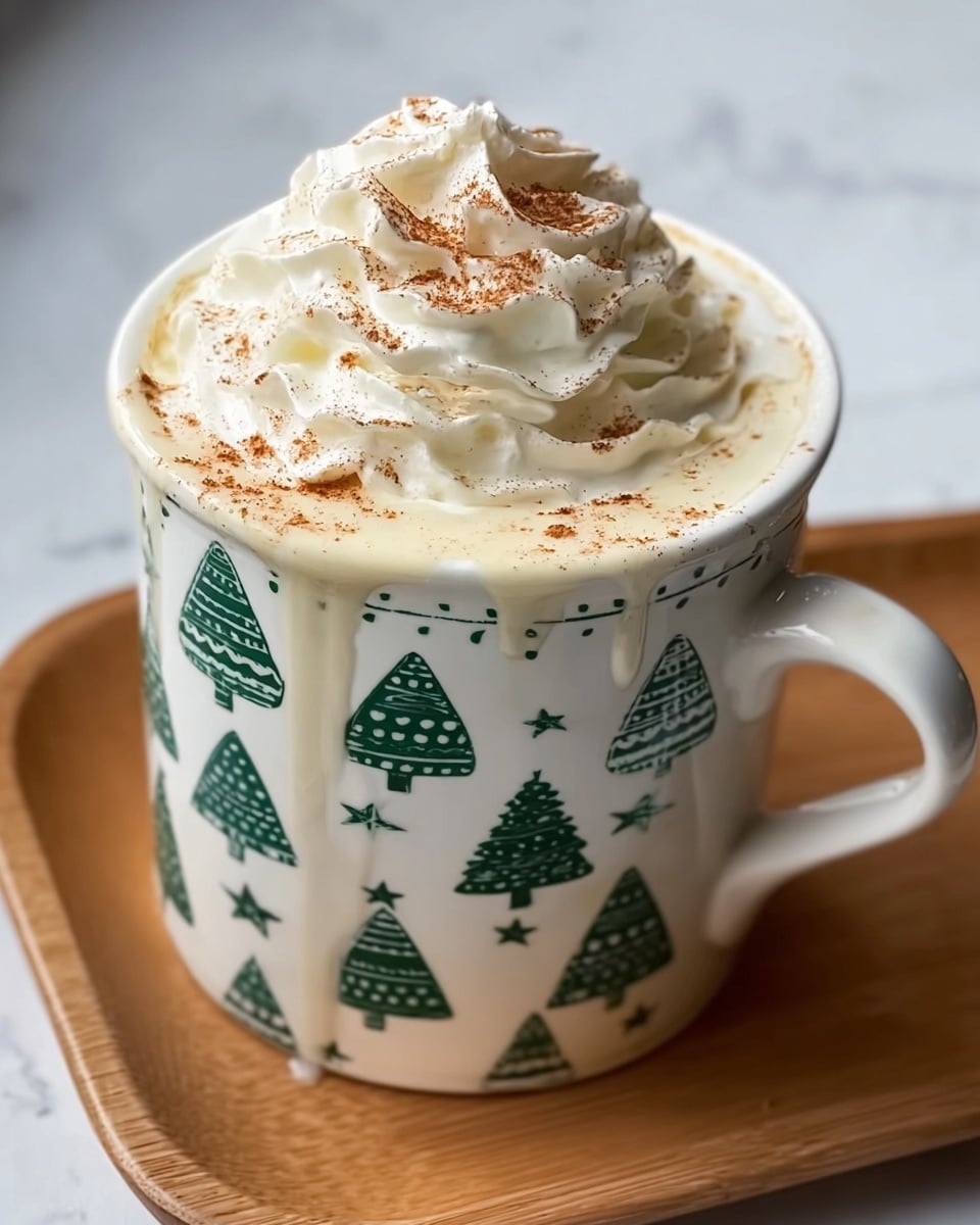 A white mug with green Christmas tree and star patterns holds a warm drink topped with thick white whipped cream swirled into a peak, sprinkled lightly with brown powder. The whipped cream covers the entire visible surface of the drink, and some of the liquid has spilled slightly over the mug’s rim, creating small drips down the side. The mug is set on a wooden tray with a white marbled surface underneath. The photo taken with an iphone --ar 4:5 --v 7