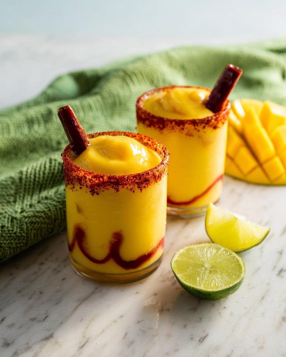 Two clear glasses filled with a thick, bright yellow mango smoothie are placed on a white marbled surface. Each glass has a spicy red chili powder rim and red chili sauce swirled inside the bottom half of the glass. The top layer of the smoothie is smooth and creamy, domed above the rim, with a dark red chili stick inserted in the center of each. Behind the glasses is a green textured cloth and some fresh mango slices. To the right of the glasses, there are two lime halves with a bright green rind and pale interior. The lighting is soft and natural, emphasizing the vibrant colors. Photo taken with an iphone --ar 4:5 --v 7