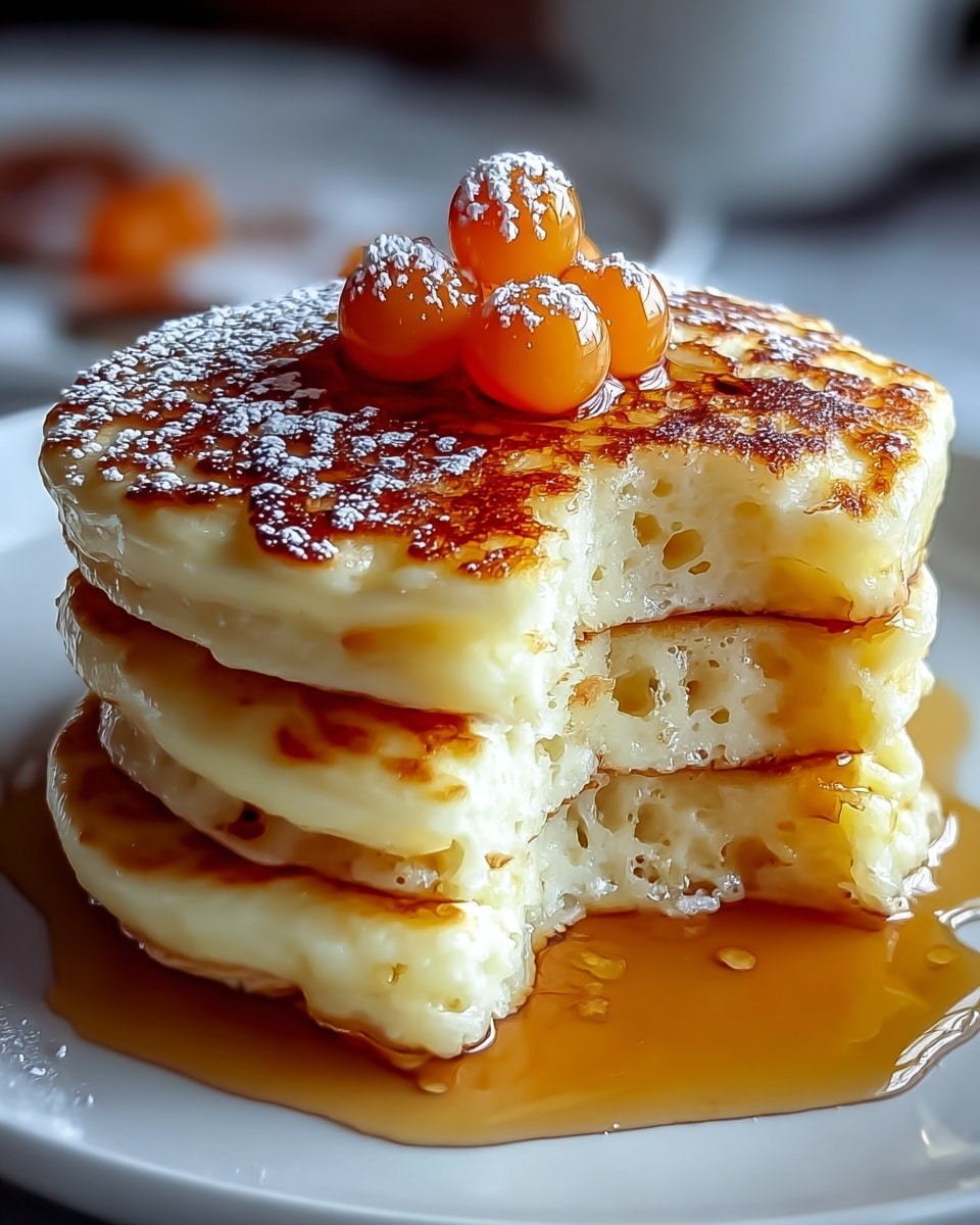 A stack of three thick, golden brown pancakes sits on a white plate over a white marbled surface. Each pancake has a light, fluffy texture with small air pockets visible and a slightly crispy edge. The top pancake is dusted with white powdered sugar and adorned with a small cluster of shiny, round amber-colored syrup droplets. Warm syrup glistens and drips down the sides, pooling gently on the plate. Thin wisps of steam rise from the stack, giving a fresh, warm feel. photo taken with an iphone --ar 4:5 --v 7