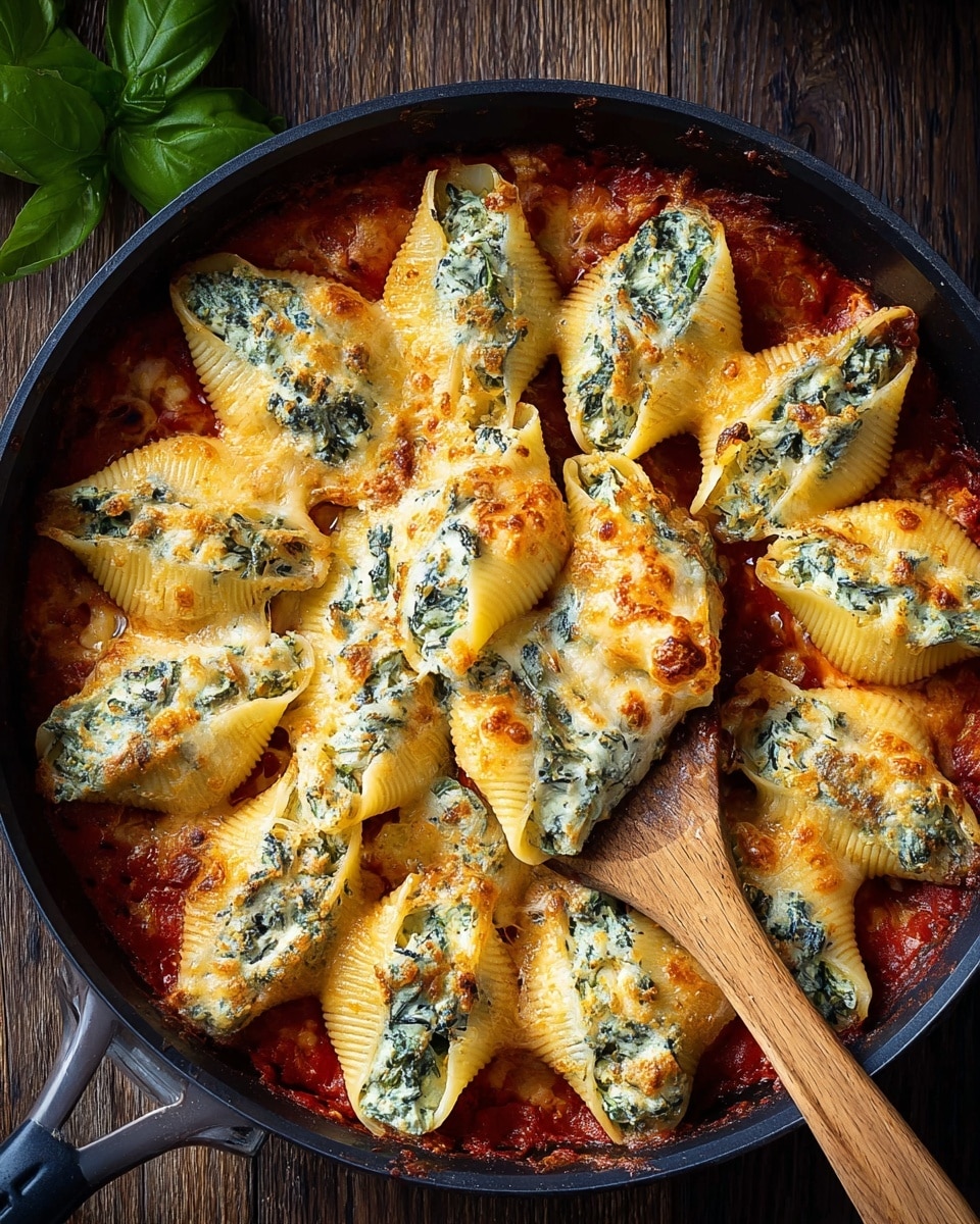 A white plate holds five large pasta shells filled with a creamy spinach and cheese mix, each shell topped with melted golden cheese that is bubbly and slightly browned. The shells rest on a layer of chunky red tomato sauce, with fresh green basil leaves scattered on and around the pasta for color. Two silver forks lie on the edge of the plate. The background shows a soft white marbled surface under a dark blue cloth. photo taken with an iphone --ar 4:5 --v 7