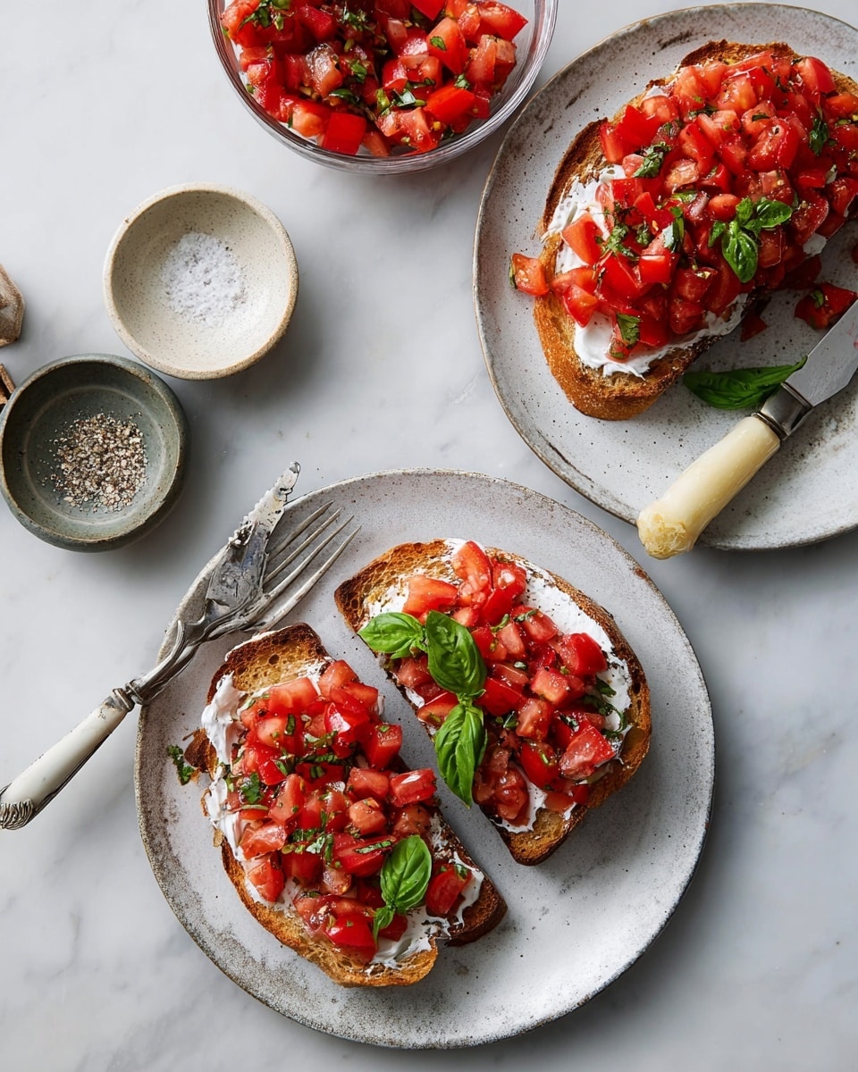 Two white plates each hold two slices of toasted bread with a layer of white spread, topped with bright red chopped tomatoes mixed with small green herbs. Each plate is garnished with fresh green basil leaves. A rustic silver fork rests on the lower plate. To the side on the white marbled surface, there is a glass bowl filled with chopped tomatoes and herbs, a butter knife with a cream-colored handle, and a small light gray bowl containing salt and black pepper. The scene is well lit, showcasing the textures and colors vividly. Photo taken with an iphone --ar 4:5 --v 7