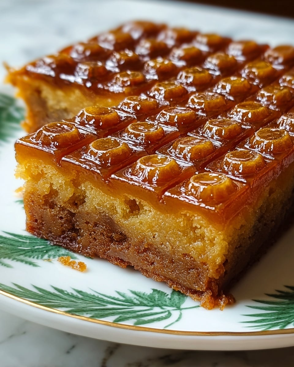 The image shows a close-up of a square-shaped, two-layer dessert on a white plate with a green leaf pattern, placed on a white marbled surface. The bottom layer is a darker brown, dense and moist cake-like texture. The top layer is a golden brown, shiny and slightly translucent with a grid pattern of small squares, each square having a raised circle center with a glossy finish reflecting light. A piece is slightly pulled out, revealing the moist texture inside the dessert. The overall look is rich and inviting, with a soft crumb texture under the glossy, patterned top. photo taken with an iphone --ar 4:5 --v 7