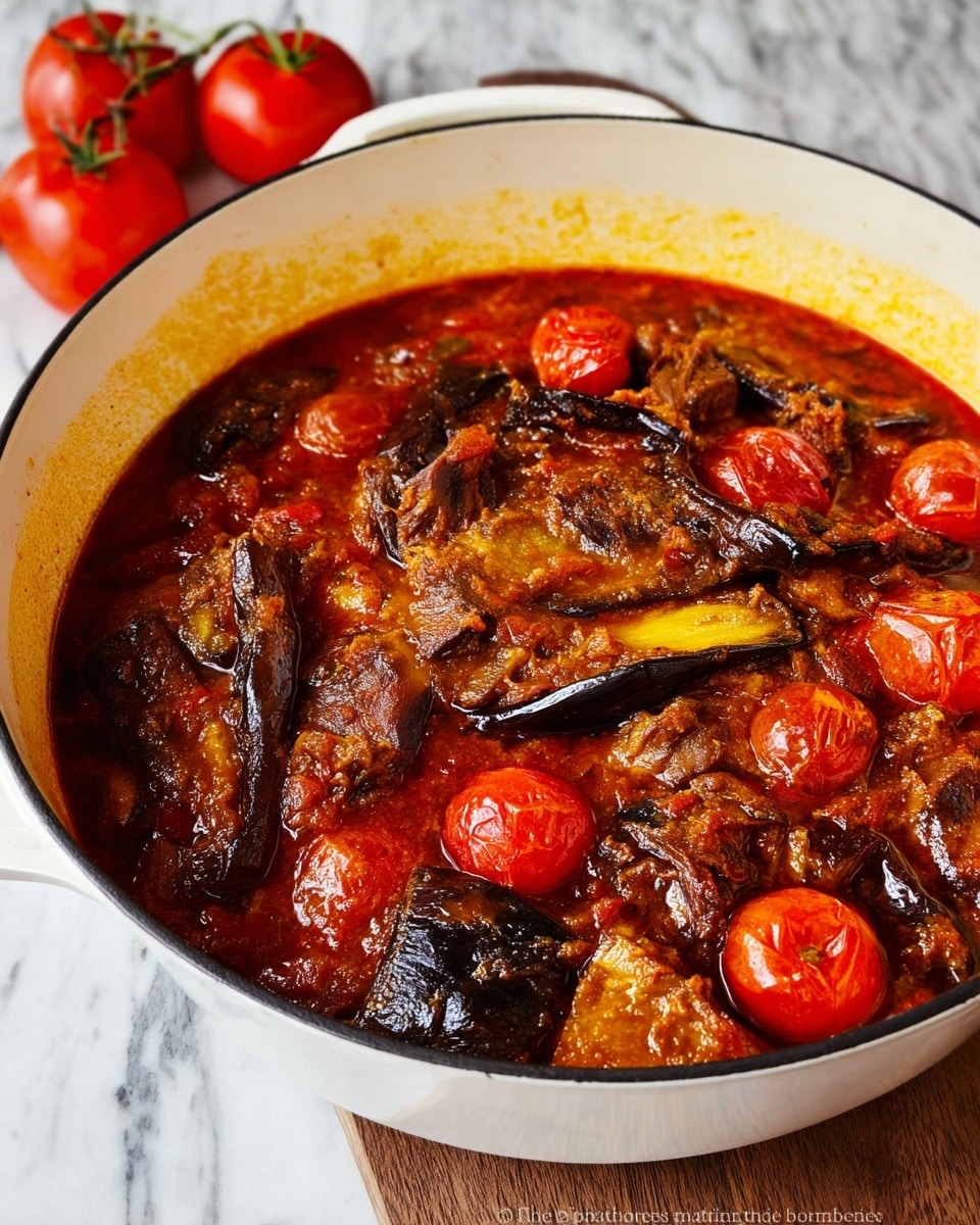 Large white enamel cast iron pot filled with a rich, hearty eggplant stew featuring whole cherry tomatoes, thick slices of roasted eggplant, and tender chunks of slow-cooked meat immersed in a vibrant red tomato-based sauce, with the entire dish presented in the pot on a white marble countertop, natural lighting highlighting the glossy simmering surface, professional food styling photo taken with an iphone --ar 4:5 --v 7