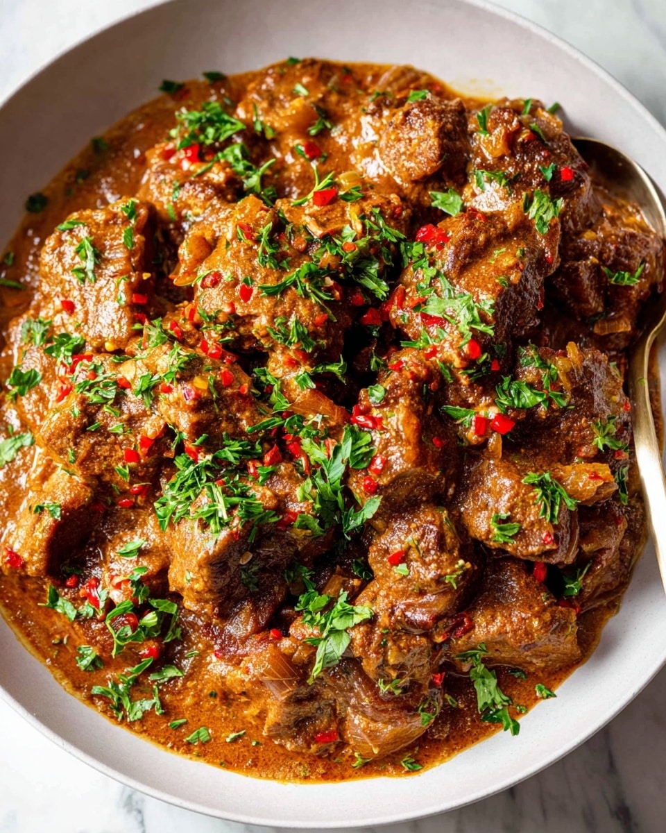 Large white serving bowl filled with a hearty beef stew, featuring tender chunks of slow-cooked beef coated in a rich, thick brown sauce, garnished generously with finely chopped fresh parsley and sprinkled with red chili flakes throughout. The stew appears rustic and comforting, with visible pieces of caramelized onions and flecks of herbs enhancing the vibrant sauce, presented as a complete, full portion in the bowl, captured from a close 3/4 angle on a white marble surface with natural warm lighting, professional food magazine hero shot photo taken with an iphone --ar 4:5 --v 7