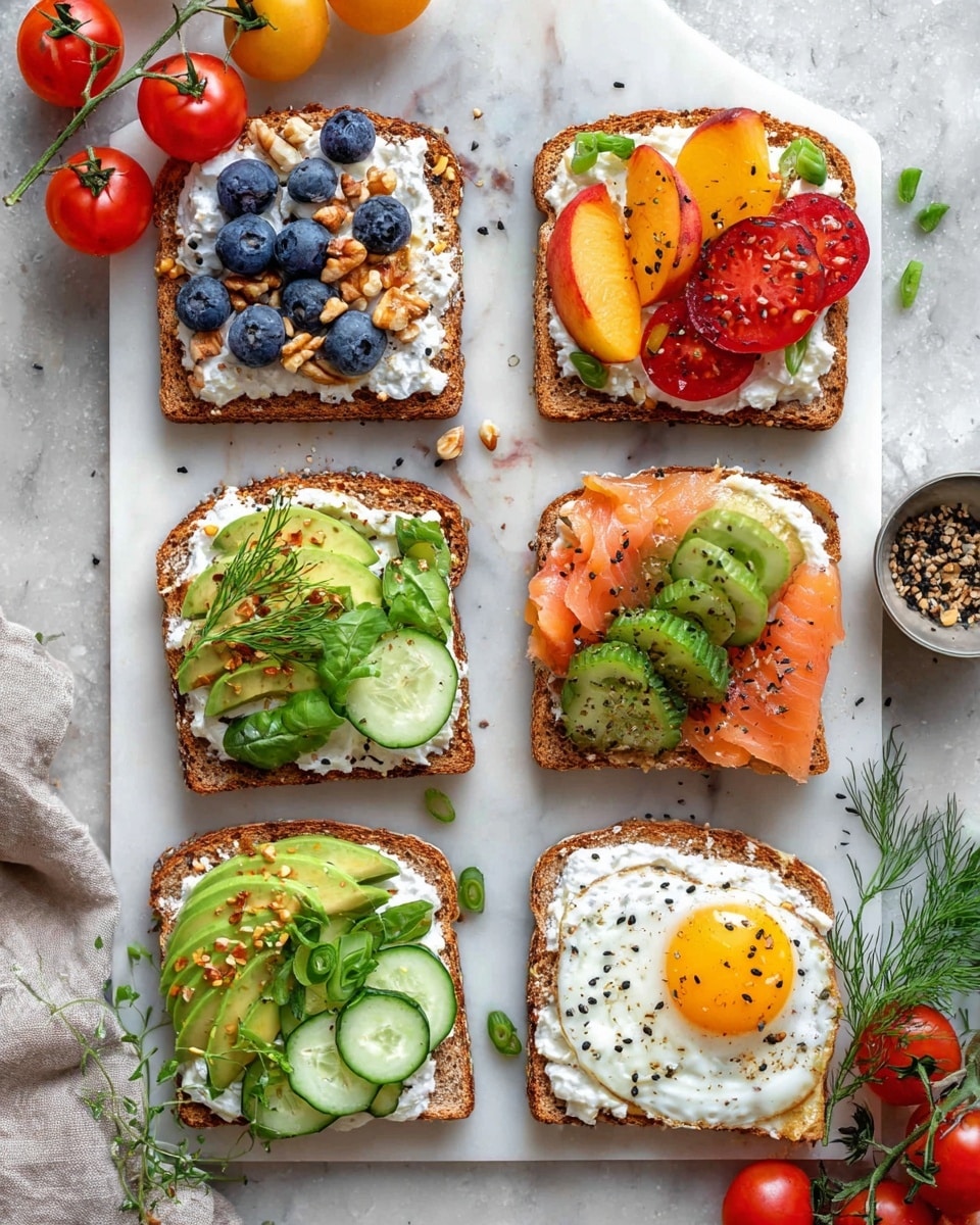 Six square slices of whole grain toast arranged neatly on a large white platter, each topped with generous dollops of creamy cottage cheese and a variety of vibrant fresh toppings: juicy sliced peaches and halved blueberries with crushed nuts, perfectly fanned avocado slices sprinkled with chili flakes and chopped green onions, crisp cucumber rounds and mixed greens, silky smoked salmon with sprigs of dill and capers, a sunny-side-up egg adorned with black sesame seeds and sliced scallions, and juicy heirloom tomato slices paired with green cherry tomatoes and black pepper. The scene is styled on a pristine white marble surface, accented with fresh herbs, colorful cherry tomatoes on the vine, and natural light highlighting every texture and color, creating a professional food magazine hero shot. Photo taken with an iphone --ar 4:5 --v 7