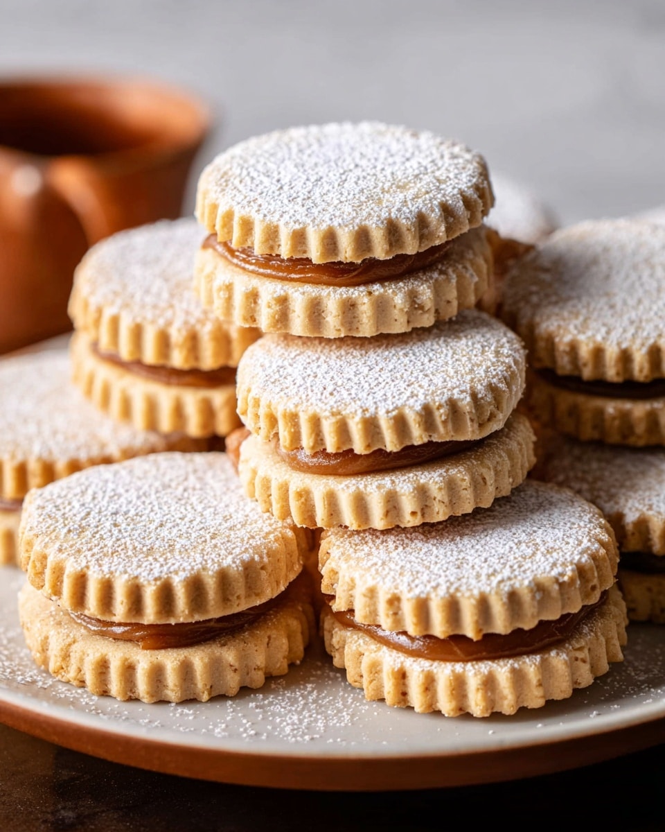 Large white plate fully arranged with an even stack of whole alfajores cookies, each with fluted edges, filled with rich dulce de leche and dusted generously with powdered sugar on top; the whole set of cookies is neatly arranged to showcase their golden-baked texture and creamy filling, photographed from a professional 3/4 angle on a white marble background under natural lighting, like a hero shot from a food magazine, photo taken with an iphone --ar 4:5 --v 7