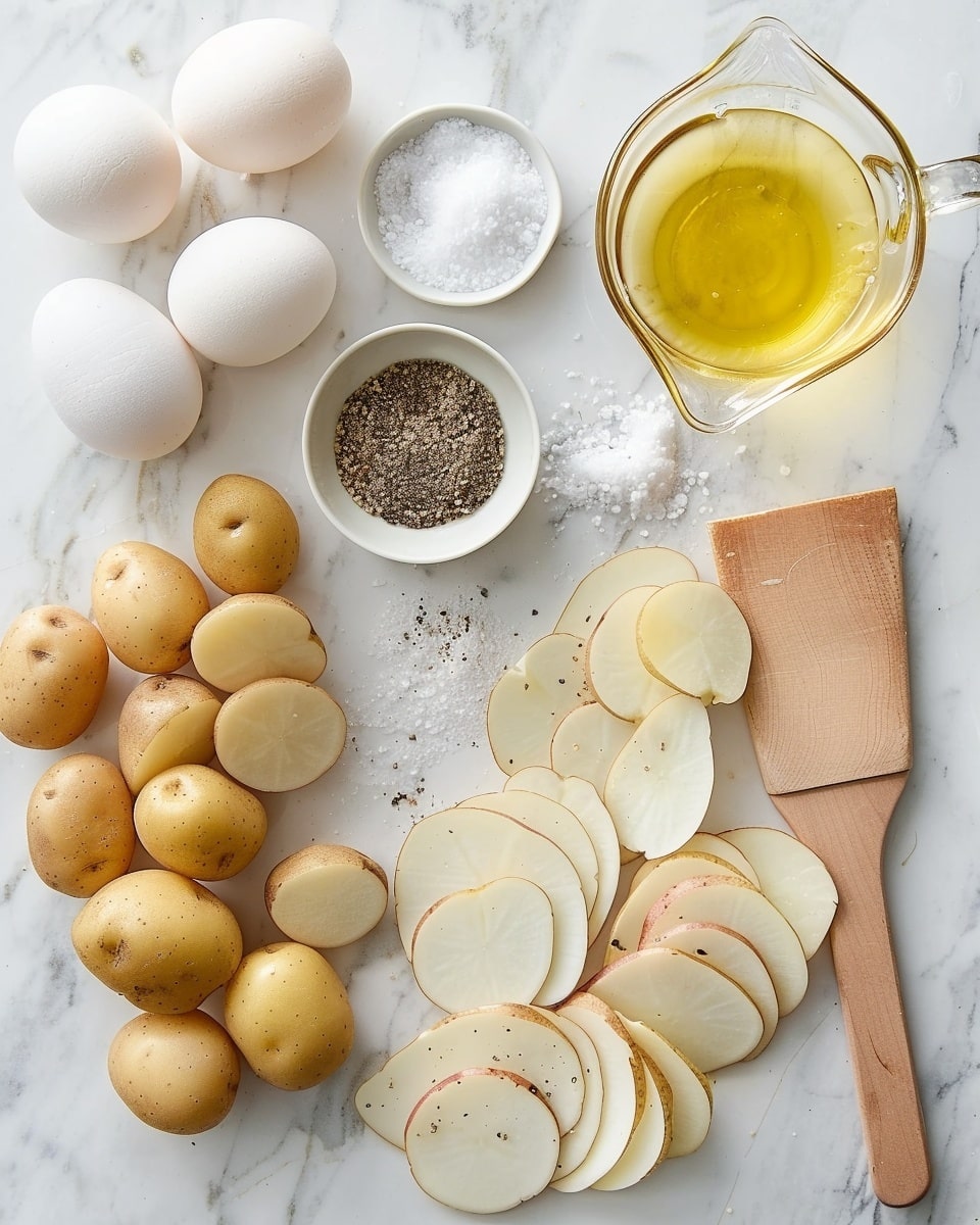 Single white plate presenting one thick slice of Spanish tortilla showcasing multiple tender, layered potato slices bound with a golden, fluffy egg mixture, sprinkled with cracked black pepper and coarse sea salt, an angled close-up capturing the rich interior texture and slightly caramelized crust, resting on a white marble surface with natural light highlighting the depth and warmth, styled as a homemade plated serving, photo taken with an iphone --ar 4:5 --v 7