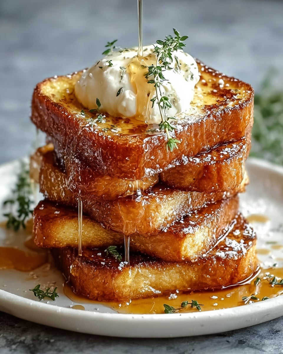 A large white serving platter with a neatly arranged stack of thick, golden-brown French toast slices, each slice perfectly soaked and cooked with a crispy caramelized crust, topped with a dollop of whipped cream and fresh sprigs of thyme, drizzled generously with clear, flowing maple syrup, whole dish photographed from a 3/4 angle on a white marble countertop with natural lighting, professional food magazine hero shot photo taken with an iphone --ar 4:5 --v 7