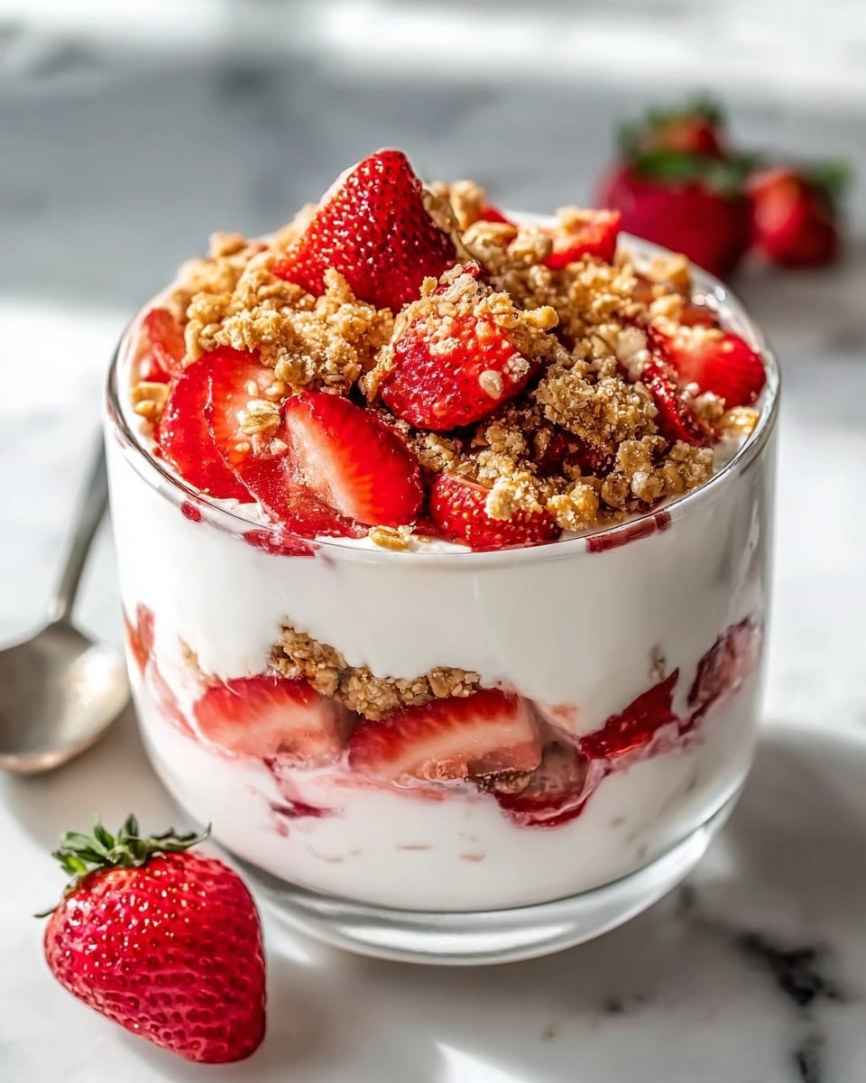 A large white serving bowl filled with a creamy, layered strawberry parfait featuring fresh halved strawberries, smooth whipped cream layers, and generous portions of crunchy granola sprinkled throughout and on top, displayed in a beautiful, intact presentation showcasing the whole parfait, set on a white marble countertop with natural lighting, photographed from a professional 3/4 angle, emphasizing the vibrant reds and textures, food magazine hero shot style, photo taken with an iphone --ar 4:5 --v 7