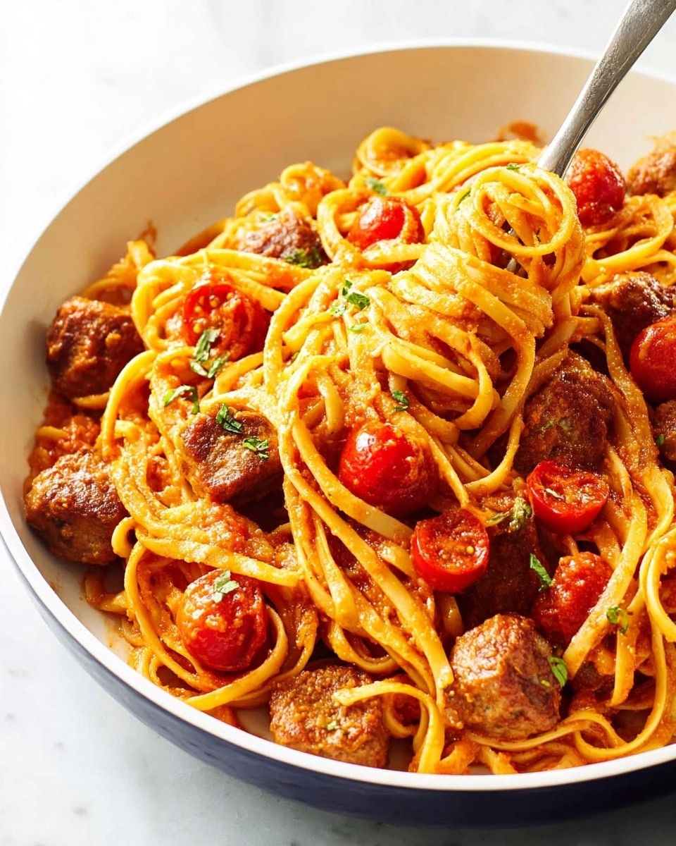 Large white ceramic serving bowl filled with a generous portion of spaghetti pasta tossed in rich tomato sauce, mixed with multiple tender meatballs and halved cherry tomatoes, the whole dish displayed in its entirety with strands of pasta intertwined and coated in vibrant sauce, photographed from a professional 3/4 angle on a white marble countertop with natural lighting, styled like a food magazine hero shot, photo taken with an iphone --ar 4:5 --v 7