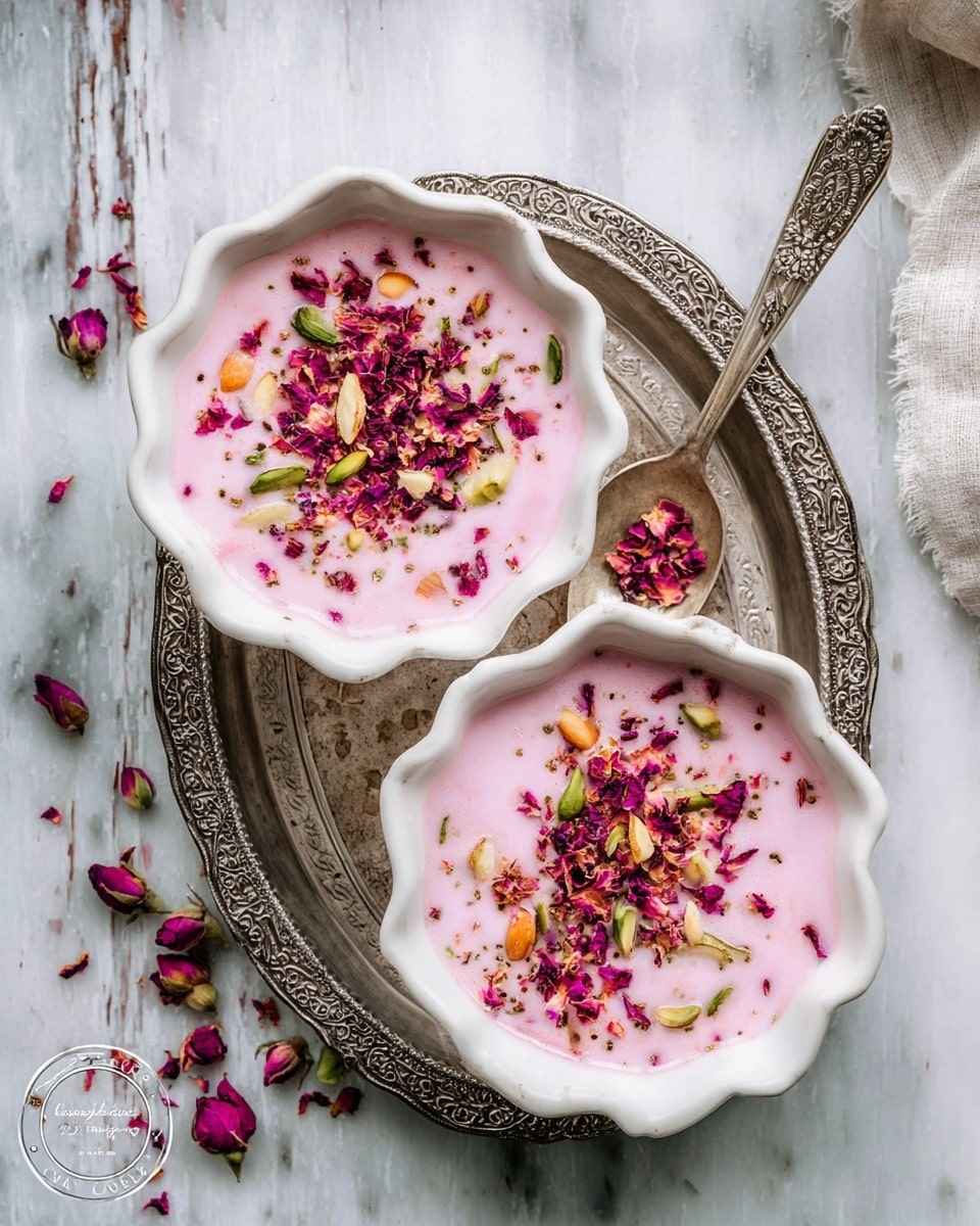 Two large white scalloped serving bowls filled with creamy pink falooda topped generously with vibrant dried rose petals, crushed nuts like pistachios and almonds, and tiny basil seeds, entire dishes presented on a vintage silver tray with a detailed ornate spoon resting beside them, photographed from a 3/4 angle on a white marble background with natural lighting, styled as a professional food magazine hero shot, photo taken with an iphone --ar 4:5 --v 7