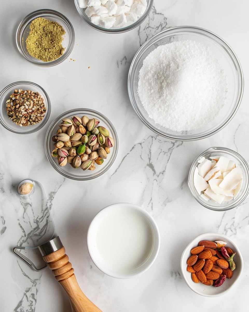 Single white scalloped dessert bowl with one serving of smooth, pink falooda garnished with crushed pistachios, rose petals, and bits of nuts, close-up angled shot emphasizing the creamy texture and delicate floral topping, placed on a white marble surface with natural lighting, styled as a fresh plated serving from a food blog, photo taken with an iphone --ar 4:5 --v 7