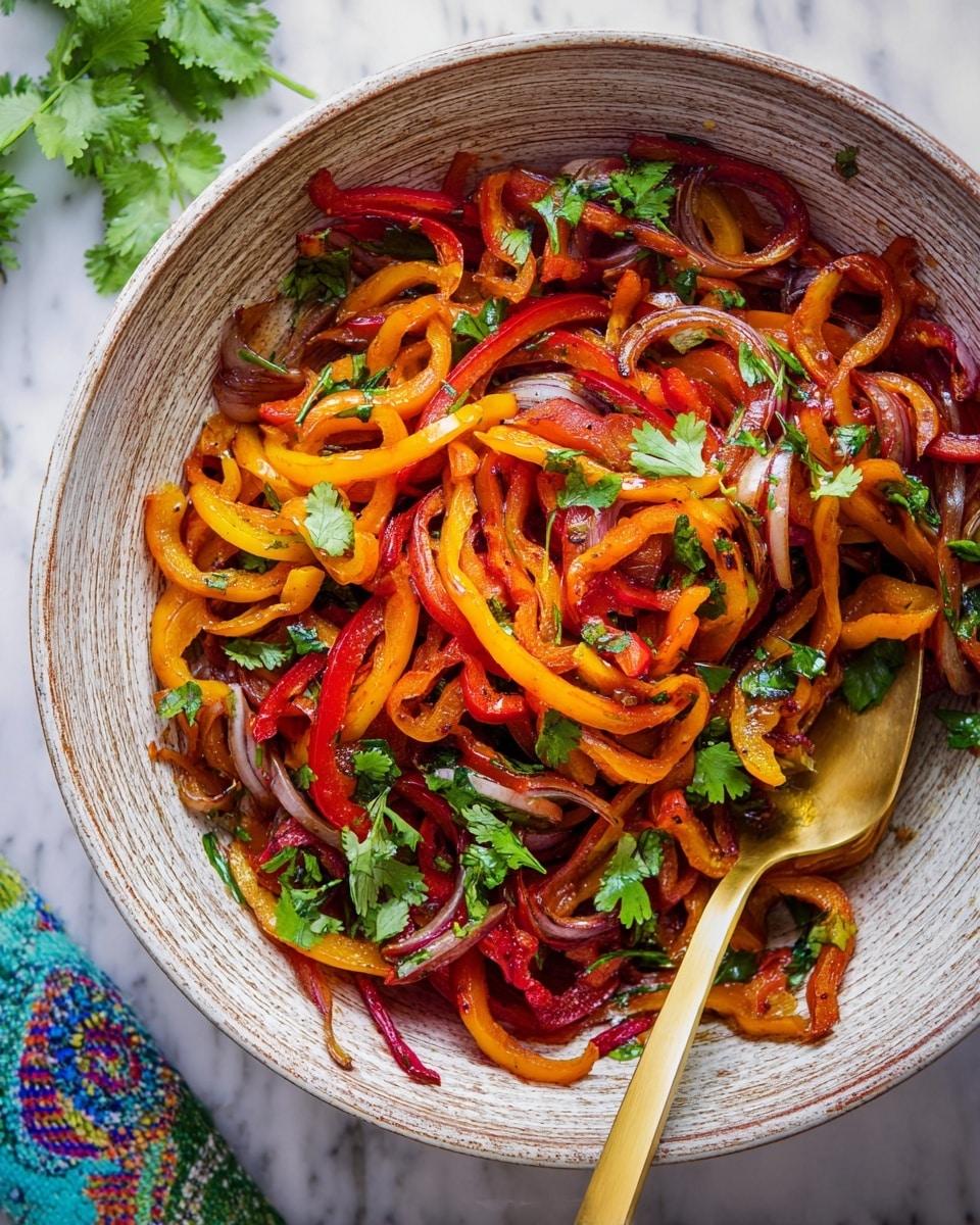 Large white ceramic bowl filled with a vibrant stir-fry of thinly sliced red and yellow bell peppers, onions, and fresh cilantro leaves, all glistening with a light seasoning of spices and herbs, the whole dish beautifully presented with a polished golden serving spoon resting inside, photographed from a 3/4 angle on a white marble countertop with natural lighting, styled like a professional food magazine hero shot, photo taken with an iphone --ar 4:5 --v 7