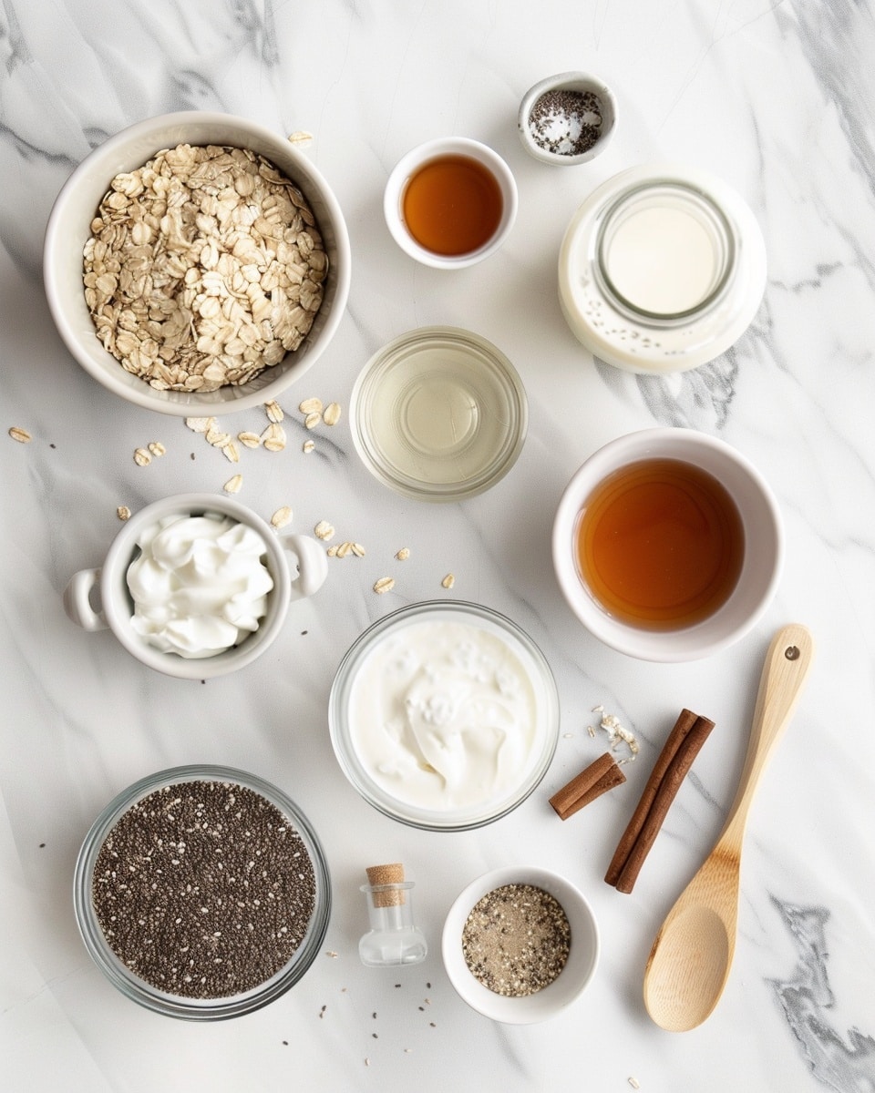 Single white bowl featuring a single serving of creamy layered chia pudding topped with fluffy cooked oats, fresh banana slices dusted with cinnamon, plump blueberries, and a strawberry, close-up angled view highlighting the contrasting textures of smooth chia seeds and soft oats, garnished with a subtle sprinkle of cinnamon, placed on a white marble surface with natural lighting, styled as a wholesome plated portion ready to eat, photo taken with an iphone --ar 4:5 --v 7