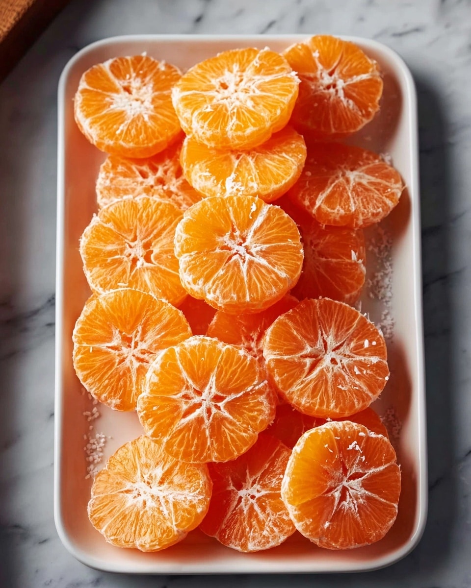 White rectangular serving tray filled with perfectly peeled and halved bright orange mandarins, each segment visibly juicy and glistening under natural light, arranged neatly to showcase the vibrant citrus texture and fresh appeal, set on a white marble countertop with a soft natural light highlighting the fruit’s freshness, professional overhead food photography style, photo taken with an iphone --ar 4:5 --v 7