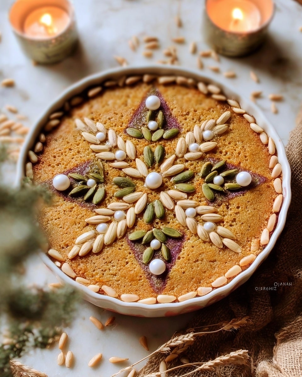 Round white ceramic dish filled with a whole traditional Moroccan semolina cake, topped with an intricate arrangement of pine nuts, pumpkin seeds, sunflower seeds, and glossy white pearls arranged in a symmetrical star pattern, surrounded by a border of pine nuts, all resting on a white marble countertop with natural lighting, styled as a festive hero shot from a food magazine, photo taken with an iphone --ar 4:5 --v 7