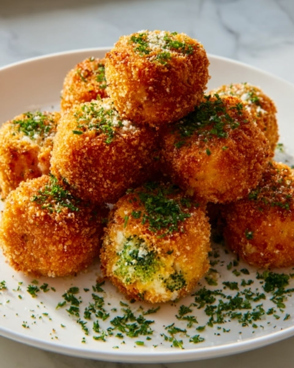 Large white plate showcasing a full stack of golden-brown, crispy broccoli and cheese croquettes, each perfectly round and coated in a crunchy breadcrumb crust, garnished generously with finely chopped fresh parsley, arranged neatly to emphasize their uniformity and texture, photographed at a 3/4 angle on a pristine white marble countertop with natural lighting, styled as a hero food magazine shot, photo taken with an iphone --ar 4:5 --v 7