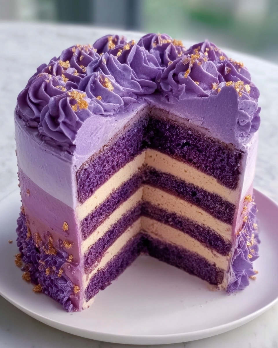 A whole, tall, layered purple cake on a large white round plate, featuring four layers of vibrant purple sponge cake alternating with light purple creamy frosting, fully frosted on the outside with gradients of purple and lilac shades, crowned with rosettes of rich purple frosting sprinkled with delicate golden edible decorations, presented in a professional, appealing manner on a white marble surface with natural light highlighting the moist texture and intricate frosting details, photo taken with an iphone --ar 4:5 --v 7