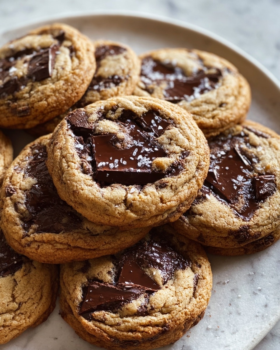 A white plate stacked with a full batch of freshly baked chocolate chunk cookies, each cookie tender and golden brown with large pools of melted dark chocolate embedded throughout and sprinkled with a touch of flaky sea salt, arranged neatly in an inviting pile on a white marble countertop, natural soft lighting highlighting the textures and warmth of the cookies, professional food styling photo taken with an iphone --ar 4:5 --v 7