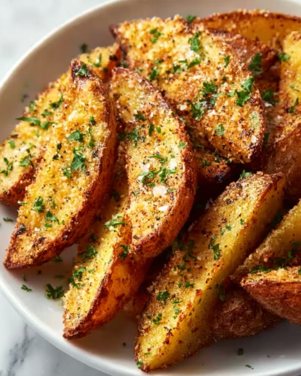 Large white serving platter heaped with golden, crispy potato wedges generously coated in a textured Parmesan and herb crust, sprinkled with freshly chopped parsley and cracks of black pepper, arranged in a plentiful, abundant presentation that showcases their perfectly baked, crunchy exterior and tender interior, styled naturally on a white marble surface with ample natural lighting to emphasize the inviting colors and textures, professional food magazine hero shot photo taken with an iphone --ar 4:5 --v 7