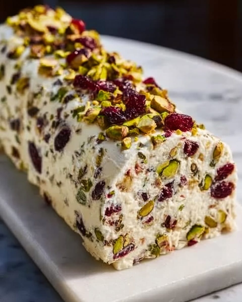 A long, whole nut and dried fruit-studded frozen dessert log displayed on a clean white rectangular platter, densely packed with chopped pistachios and vibrant dried cranberries embedded throughout the creamy white base, presented in its entirety without any slices removed, set on a white marble surface with natural lighting that highlights the texture and colors in a professional food magazine style, photo taken with an iphone --ar 4:5 --v 7