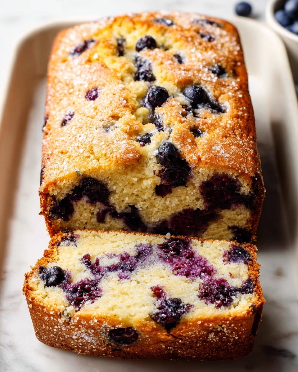 Whole white rectangular loaf pan filled with freshly baked, golden-brown blueberry bread bursting with plump blueberries embedded throughout the soft crumb, the untouched loaf showing a textured crust sprinkled lightly with sugar crystals, placed on a white marble countertop under natural light, shot from a professional 3/4 angle to highlight the full loaf in a heroic food magazine style photo taken with an iphone --ar 4:5 --v 7