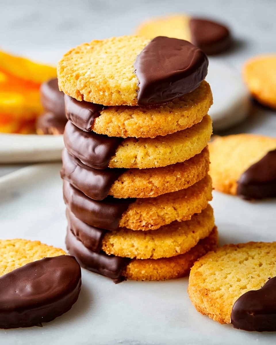 Large white platter filled with a neat, full stack of round orange shortbread cookies, each half-dipped in glossy dark chocolate, showcasing their crumbly texture and smooth chocolate coating, more cookies scattered around the platter on a clean white marble surface, natural lighting highlighting the rich contrast and golden hue of the cookies, professional food styling photo taken with an iphone --ar 4:5 --v 7