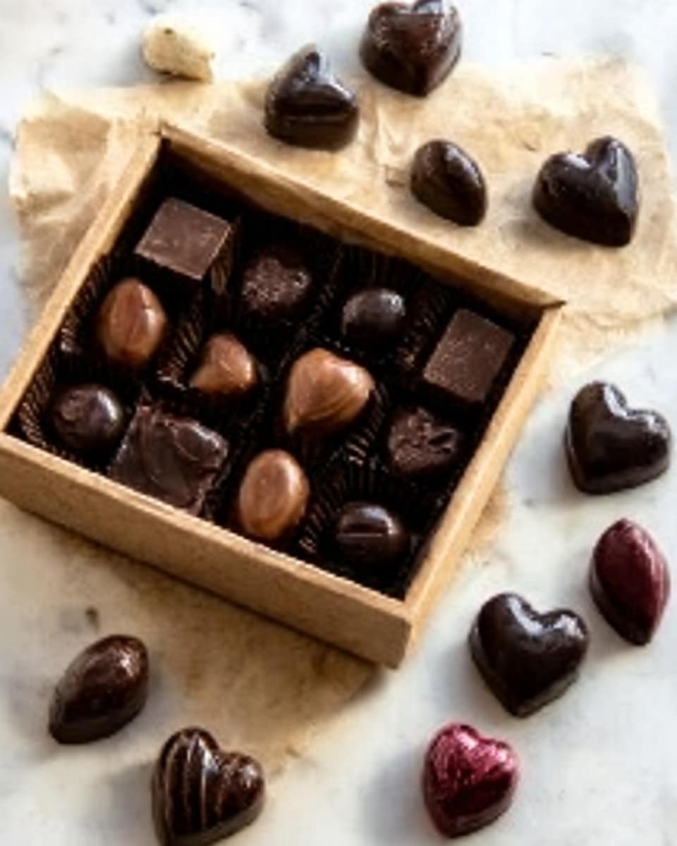 Open square kraft paper box filled with an assortment of whole, glossy dark chocolates in various shapes including hearts, squares, and ovals, arranged neatly inside with several more chocolates scattered artistically around the box on a pristine white marble surface, captured in warm natural light from a 3/4 angle to showcase the full selection and rich textures, styled as a luxurious chocolate gift set presentation, photo taken with an iphone --ar 4:5 --v 7