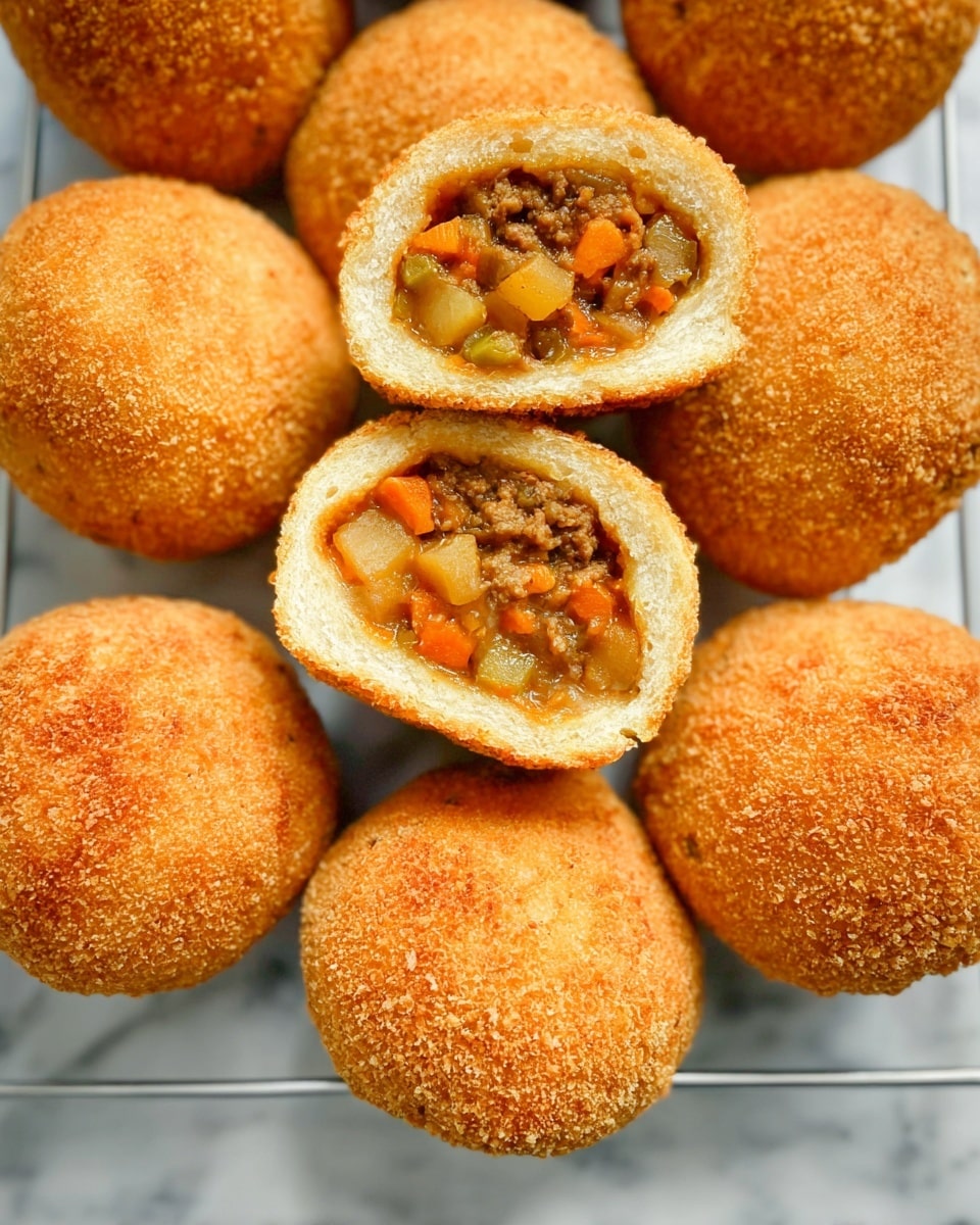 White serving platter filled with multiple golden-brown crispy Japanese curry buns (kare pan), perfectly round and uniformly breaded with panko coating, some whole and arranged neatly alongside whole buns with thick, rich, savory curry filling visibly packed with diced carrots, potatoes, and tender chunks of meat, the entire dish presented on a white marble surface under natural lighting, photographed from a 3/4 angle as a professional food magazine hero shot, photo taken with an iphone --ar 4:5 --v 7